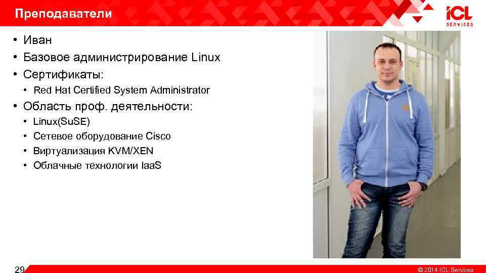 Преподаватели • Иван • Базовое администрирование Linux • Сертификаты: • Red Hat Certified System