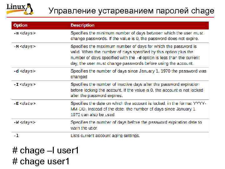 Управление устареванием паролей chage # chage –l user 1 # chage user 1 