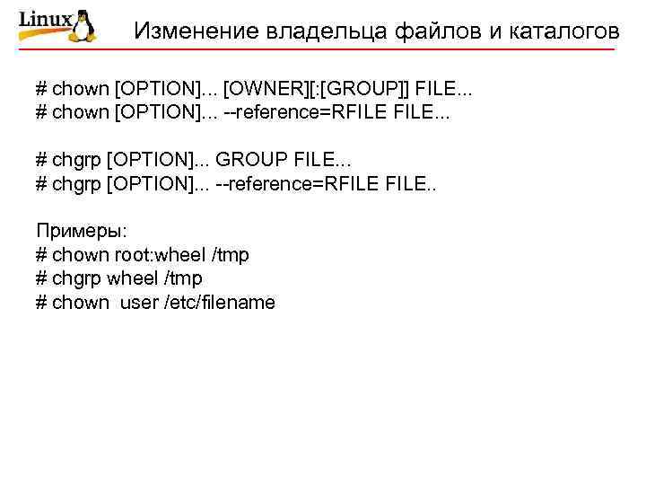 Изменение владельца файлов и каталогов # chown [OPTION]. . . [OWNER][: [GROUP]] FILE. .