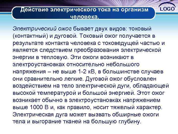 Действие электрического тока на организм человека. LOGO Электрический ожог бывает двух видов: токовый (контактный)