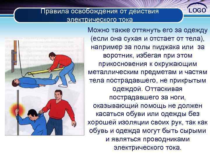 Правила освобождения от действия электрического тока LOGO Можно также оттянуть его за одежду (если