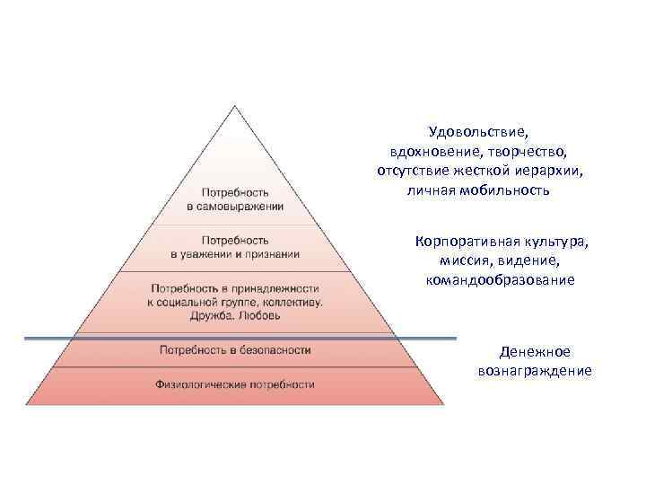 Удовольствие, вдохновение, творчество, отсутствие жесткой иерархии, личная мобильность Корпоративная культура, миссия, видение, командообразование Денежное