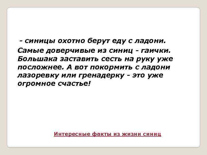 - синицы охотно берут еду с ладони. Самые доверчивые из синиц - гаички. Большака