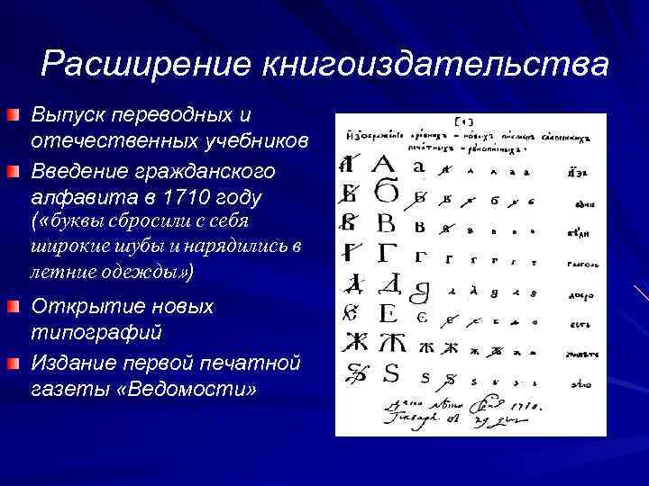 Расширение книгоиздательства Выпуск переводных и отечественных учебников Введение гражданского алфавита в 1710 году (