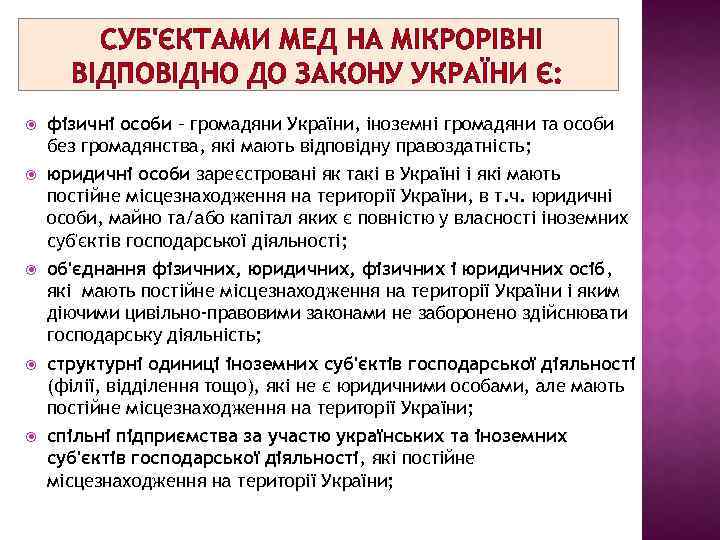СУБ'ЄКТАМИ МЕД НА МІКРОРІВНІ ВІДПОВІДНО ДО ЗАКОНУ УКРАЇНИ Є: фізичні особи – громадяни України,