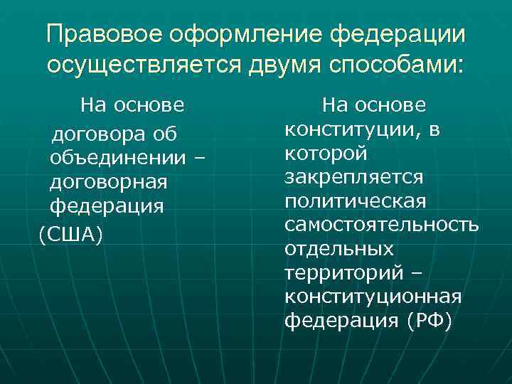 Правовое оформление федерации осуществляется двумя способами: На основе договора об объединении – договорная федерация