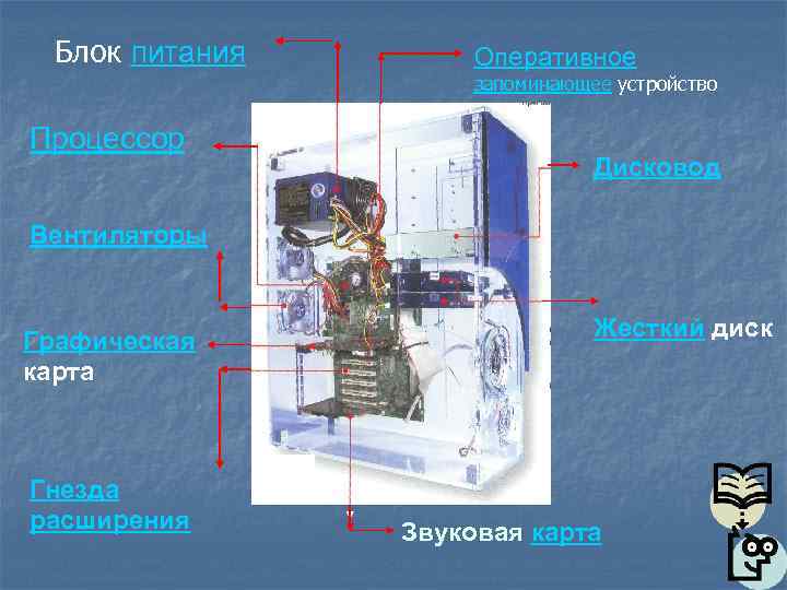 Блок питания Оперативное запоминающее устройство Процессор Дисковод Вентиляторы Графическая карта Гнезда расширения Жесткий диск