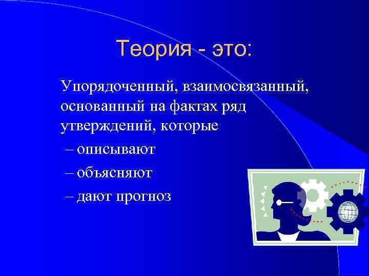 Теория - это: Упорядоченный, взаимосвязанный, основанный на фактах ряд утверждений, которые – описывают –