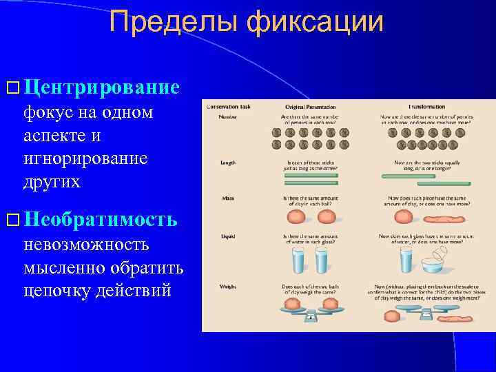 Пределы фиксации Центрирование фокус на одном аспекте и игнорирование других Необратимость невозможность мысленно обратить