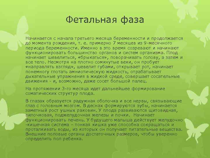 Фетальная фаза Начинается с начала третьего месяца беременности и продолжается до момента рождения, т.