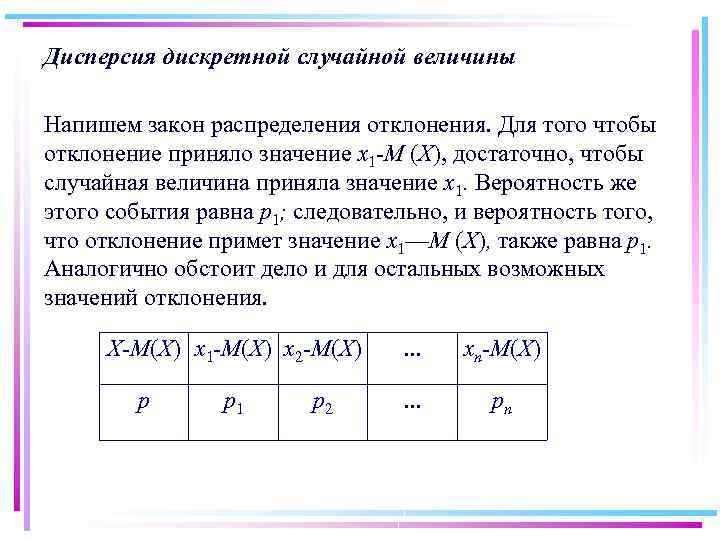 Дисперсия дискретной случайной величины Напишем закон распределения отклонения. Для того чтобы отклонение приняло значение
