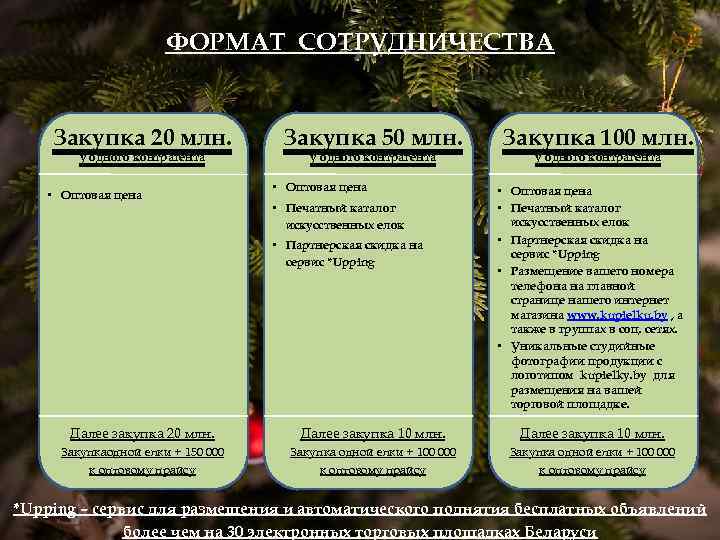 ФОРМАТ СОТРУДНИЧЕСТВА Закупка 20 млн. у одного контрагента • Оптовая цена Закупка 50 млн.