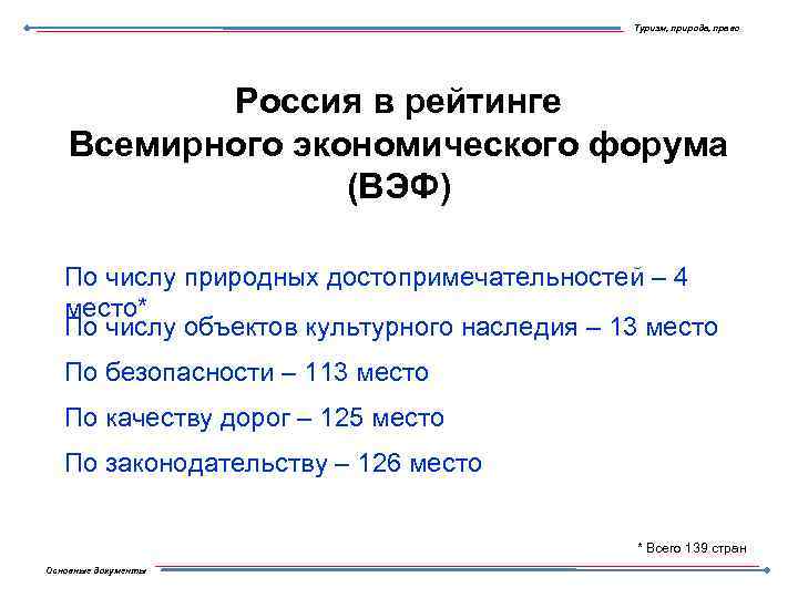 Туризм, природа, право Россия в рейтинге Всемирного экономического форума (ВЭФ) По числу природных достопримечательностей