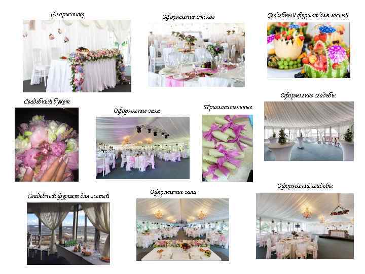 Флористика Оформление столов Оформление свадьбы Свадебный букет Оформление зала Свадебный фуршет для гостей Оформление