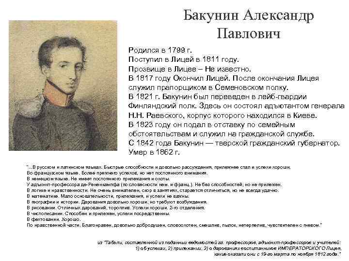 Бакунин Александр Павлович Родился в 1799 г. Поступил в Лицей в 1811 году. Прозвище