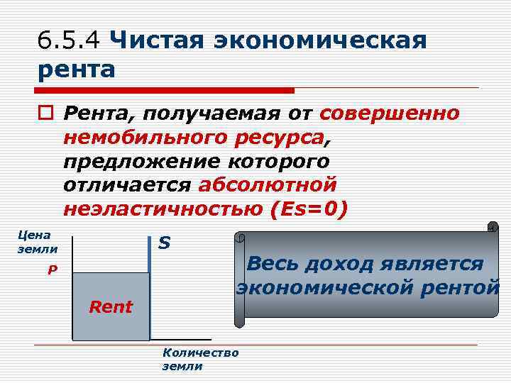 6. 5. 4 Чистая экономическая рента o Рента, получаемая от совершенно немобильного ресурса, предложение