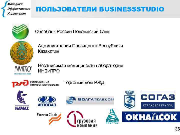 ПОЛЬЗОВАТЕЛИ ВUSINESSSTUDIO Сбербанк России Поволжский банк Администрация Президента Республики Казахстан Независимая медицинская лаборатория ИНВИТРО