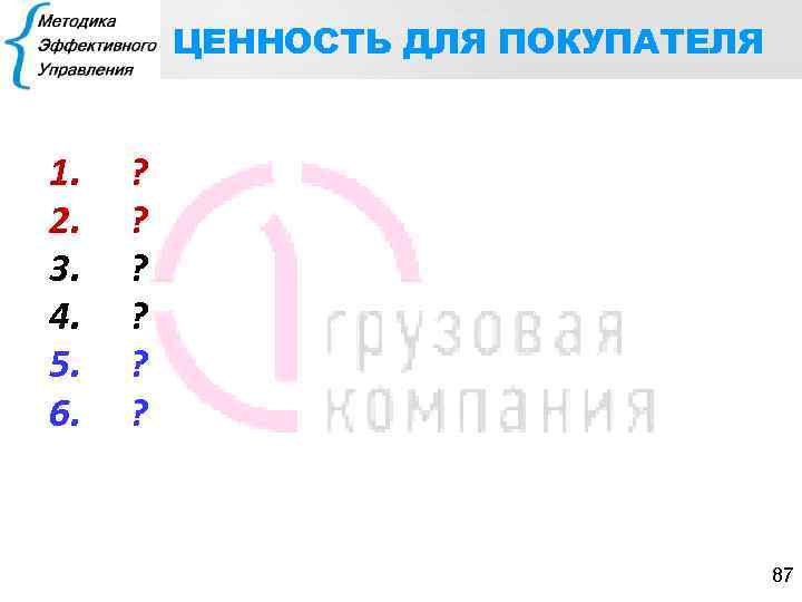 ЦЕННОСТЬ ДЛЯ ПОКУПАТЕЛЯ 1. 2. 3. 4. 5. 6. ? ? ? 87 