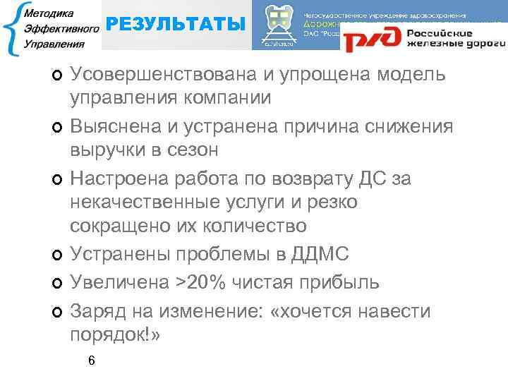 РЕЗУЛЬТАТЫ ¢ ¢ ¢ Усовершенствована и упрощена модель управления компании Выяснена и устранена причина