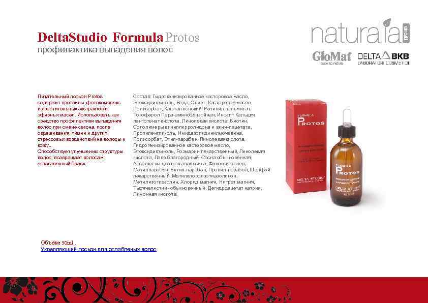 Delta. Studio Formula Protos профилактика выпадения волос Питательный лосьон Protos cодержит протеины, фотокомплекс из