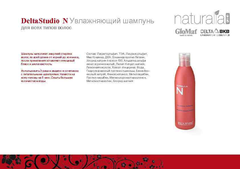 Delta. Studio N Увлажняющий шампунь для всех типов волос Шампунь наполняет энергией стержни волос
