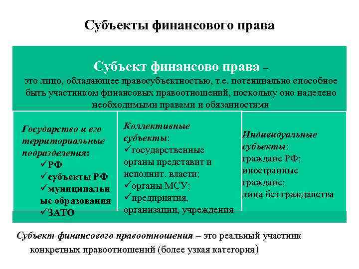 Правовое положение органов осуществляющих финансовую деятельность. Субъекты финансового права РФ И финансово-правовых отношений..