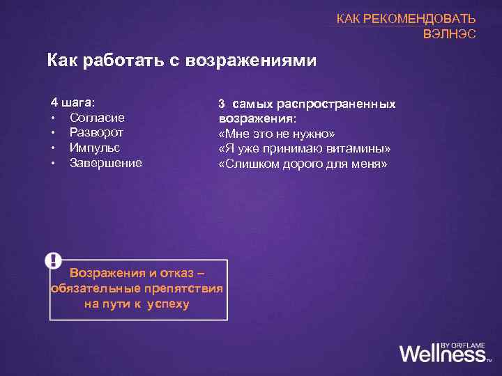 КАК РЕКОМЕНДОВАТЬ ВЭЛНЭС Как работать с возражениями 4 шага: • Согласие • Разворот •