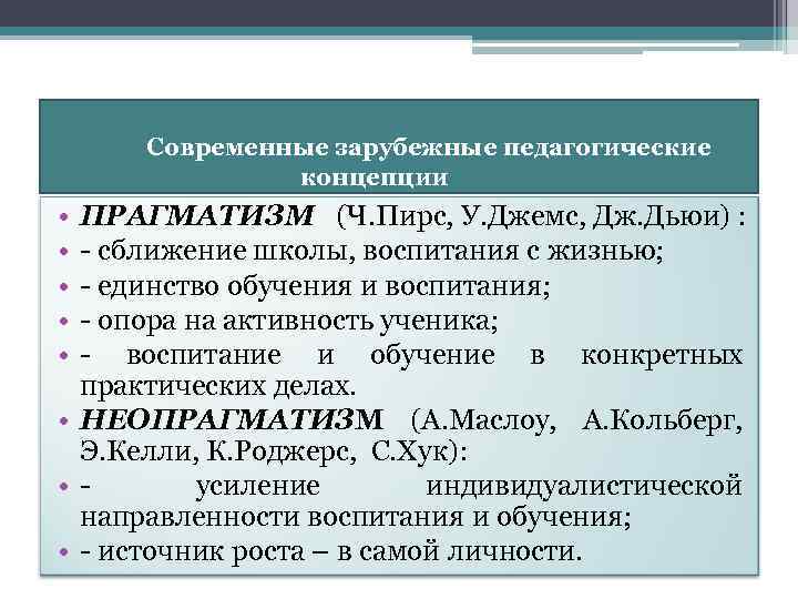 Современные зарубежные педагогические концепции • • • ПРАГМАТИЗМ (Ч. Пирс, У. Джемс, Дж. Дьюи)