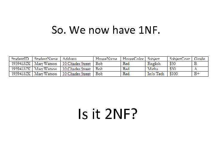 So. We now have 1 NF. Is it 2 NF? 