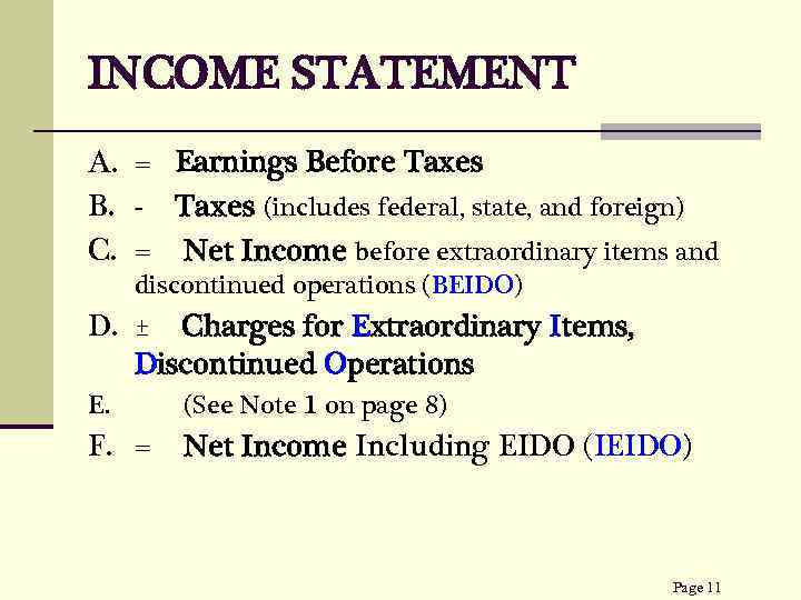 INCOME STATEMENT A. = Earnings Before Taxes B. - Taxes (includes federal, state, and