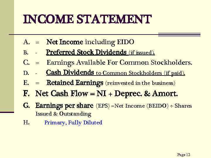 INCOME STATEMENT A. = Net Income including EIDO B. Preferred Stock Dividends (if issued).