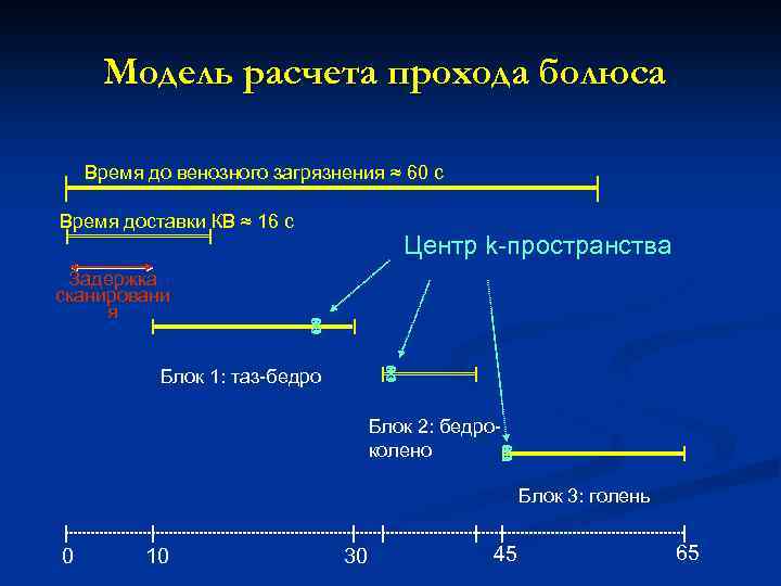 Модель расчета прохода болюса Время до венозного загрязнения ≈ 60 с Время доставки КВ