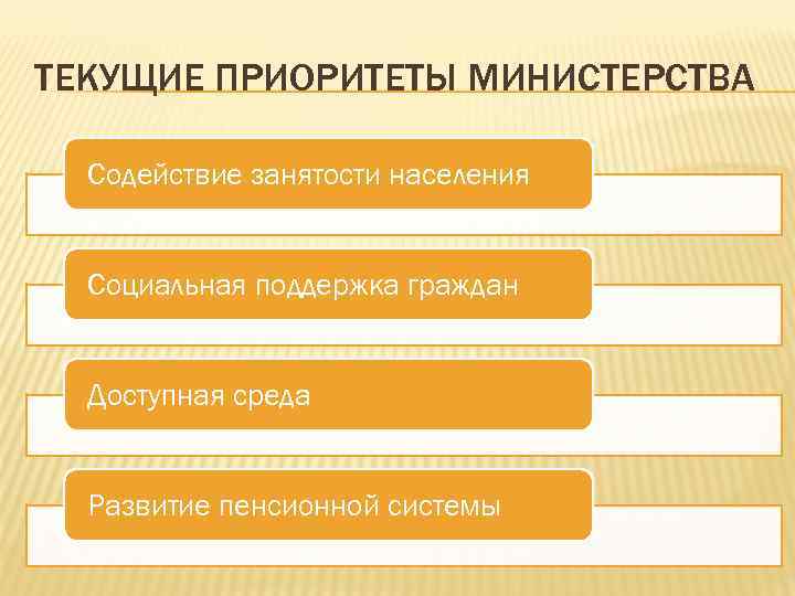 ТЕКУЩИЕ ПРИОРИТЕТЫ МИНИСТЕРСТВА Содействие занятости населения Социальная поддержка граждан Доступная среда Развитие пенсионной системы