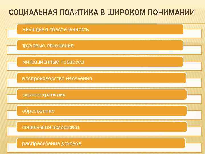 СОЦИАЛЬНАЯ ПОЛИТИКА В ШИРОКОМ ПОНИМАНИИ жилищная обеспеченность трудовые отношения миграционные процессы воспроизводство населения здравоохранение