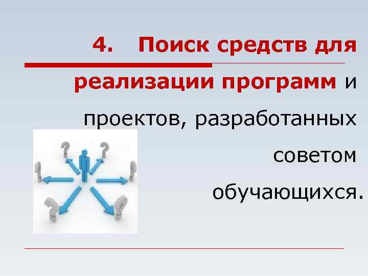 4. Поиск средств для реализации программ и проектов, разработанных советом обучающихся. 