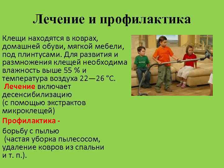 Лечение и профилактика Клещи находятся в коврах, домашней обуви, мягкой мебели, под плинтусами. Для
