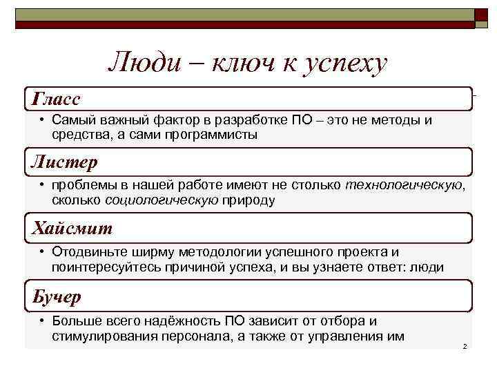 Люди – ключ к успеху Гласс • Самый важный фактор в разработке ПО –