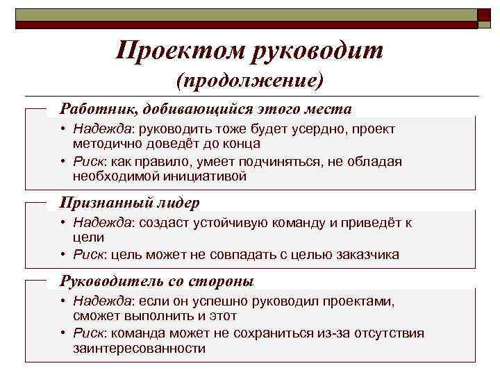 Проектом руководит (продолжение) Работник, добивающийся этого места • Надежда: руководить тоже будет усердно, проект