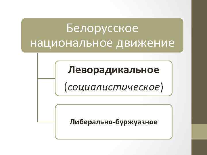 Белорусское национальное движение Леворадикальное (социалистическое) Либерально-буржуазное 