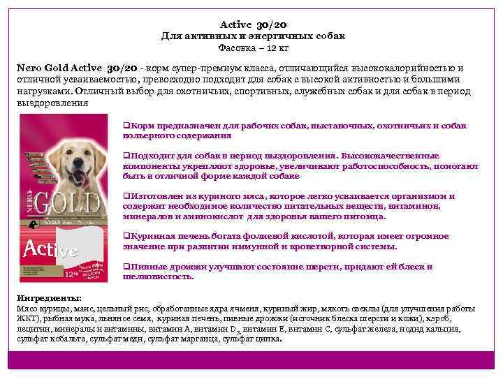 Active 30/20 Для активных и энергичных собак Фасовка – 12 кг Nero Gold Active