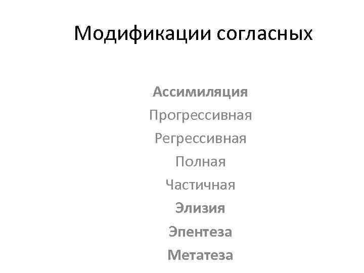 Модификации согласных Ассимиляция Прогрессивная Регрессивная Полная Частичная Элизия Эпентеза Метатеза 