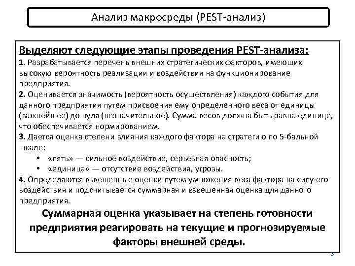 Анализ макросреды (PEST-анализ) Выделяют следующие этапы проведения PEST-анализа: 1. Разрабатывается перечень внешних стратегических факторов,