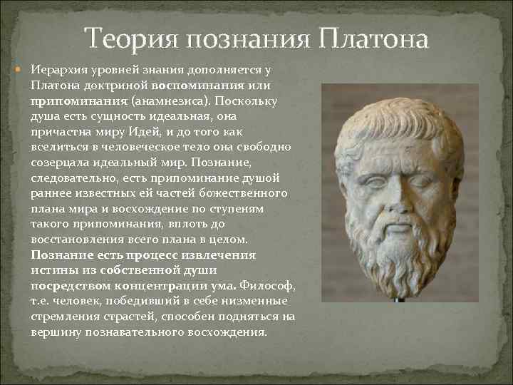 Теория познания Платона Иерархия уровней знания дополняется у Платона доктриной воспоминания или припоминания (анамнезиса).