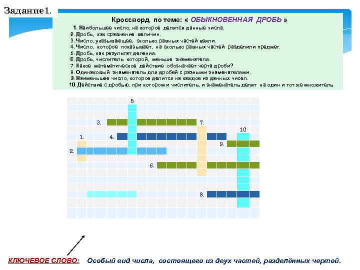 Задание 1. Кроссворд по теме: « ОБЫКНОВЕННАЯ ДРОБЬ » 1. Наибольшее число, на которое