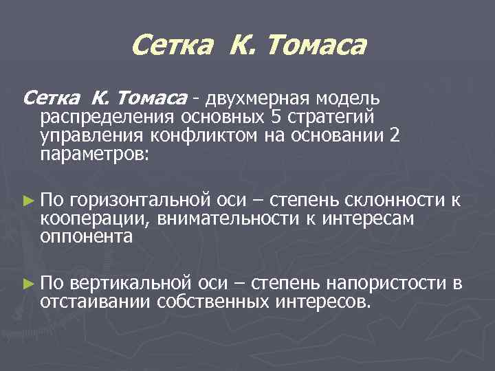 Сетка К. Томаса - двухмерная модель распределения основных 5 стратегий управления конфликтом на основании