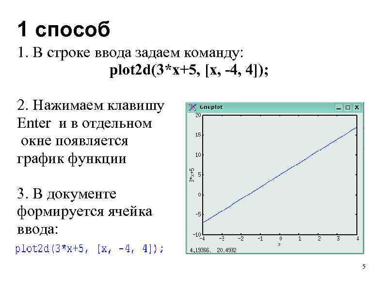 1 способ 1. В строке ввода задаем команду: plot 2 d(3*x+5, [x, -4, 4]);