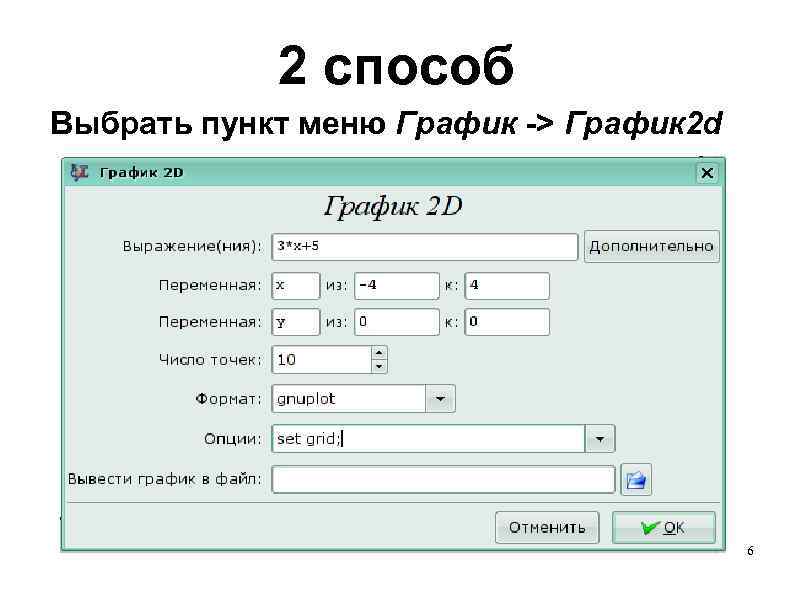 2 способ Выбрать пункт меню График -> График 2 d 6 