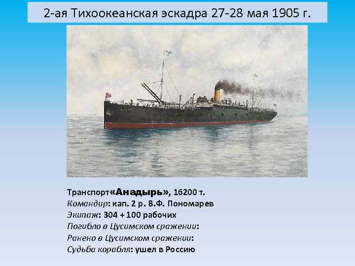 2 -ая Тихоокеанская эскадра 27 -28 мая 1905 г. Транспорт «Анадырь» , 16200 т.