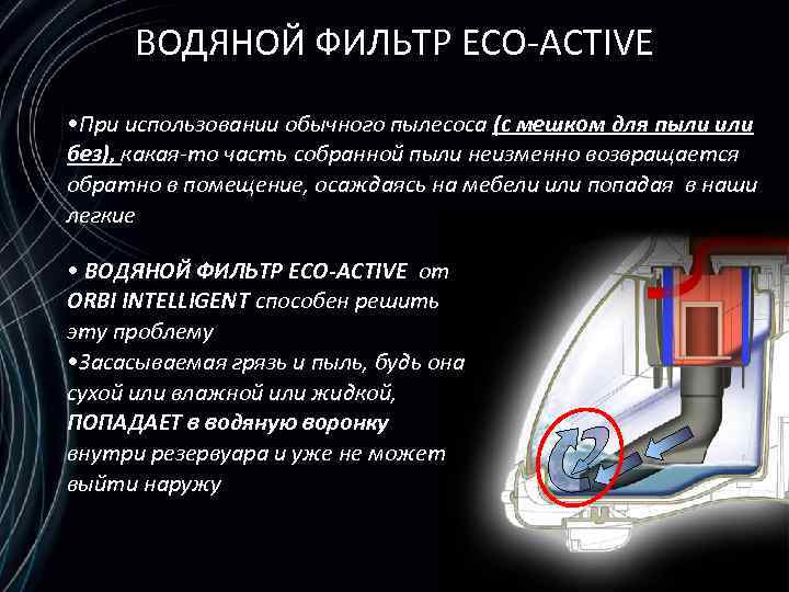 ВОДЯНОЙ ФИЛЬТР ECO-ACTIVE • При использовании обычного пылесоса (с мешком для пыли или без),