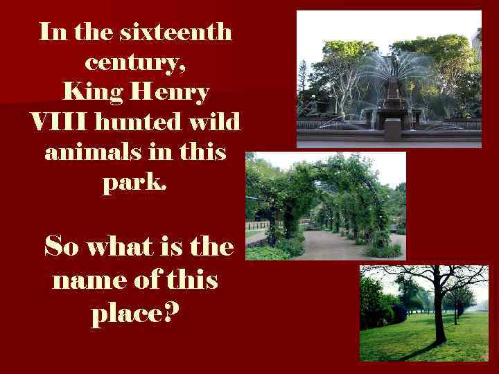 In the sixteenth century, King Henry VIII hunted wild animals in this park. So